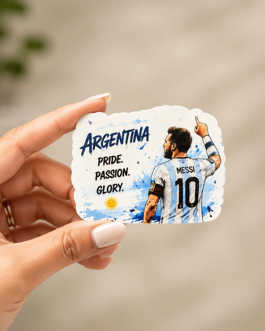 Celebrate Argentina and Lionel Messi with this premium fridge magnet. A perfect football souvenir, collectible gift, and decorative accessory for fans.