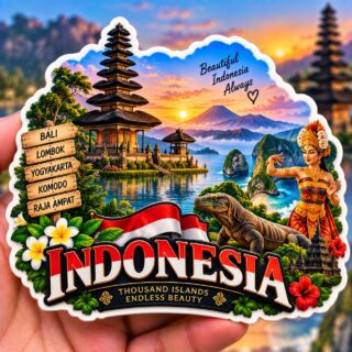 Capture the beauty of Indonesia with a colorful acrylic fridge magnet inspired by its tropical islands, culture, heritage, and travel destinations. Perfect souvenir.