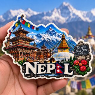 Explore Nepal through this vibrant acrylic fridge magnet featuring the Himalayas, Everest Base Camp, temples, and prayer flags. A perfect travel souvenir and keepsake.
