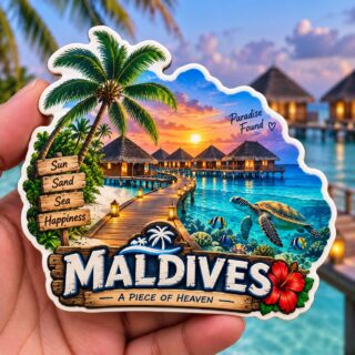 Capture the tropical beauty of the Maldives with a colorful acrylic fridge magnet. A perfect travel souvenir featuring island charm, beaches, and vacation memories.
